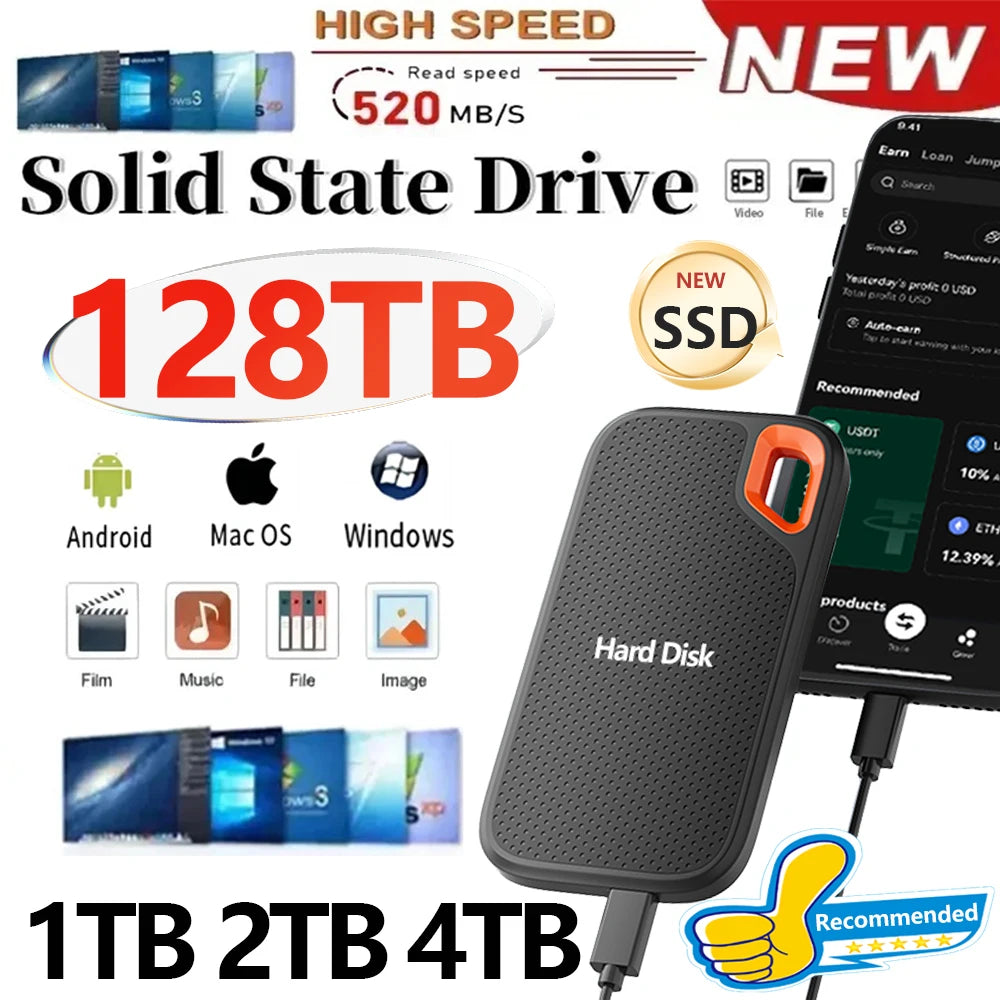 High-speed SSD 128TB External Hard Drive Portable 1TB Mobile Solid State Drive 2TB 4TB Mass External Hard Disk for Laptop/MAC/PC