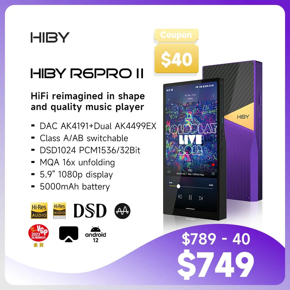 HiBy R6 Pro II / R6 Pro GEN 2 Android HiFi Music Player WIFI Bluetooth USB DAC Headphone AMP MQA 16x DSD1024 1536KHz/32bit 1080P