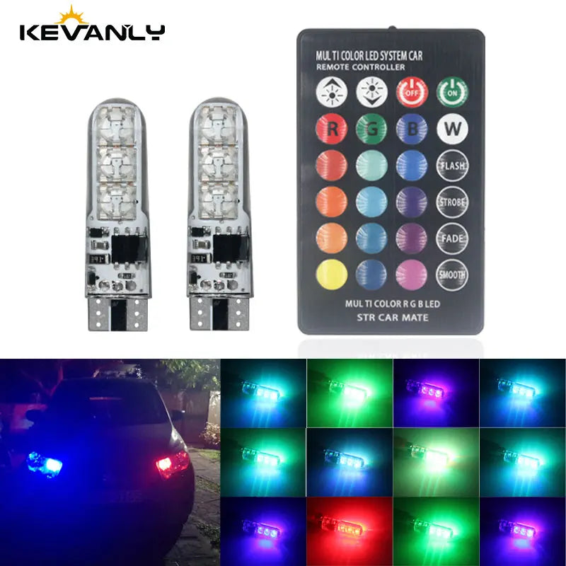 1set W5W T10 LED Bulbs 12SMD 5050 RGB With Remote Controller Flash Reading Wedge Light Clearance Lights CANbus 194 168 12v